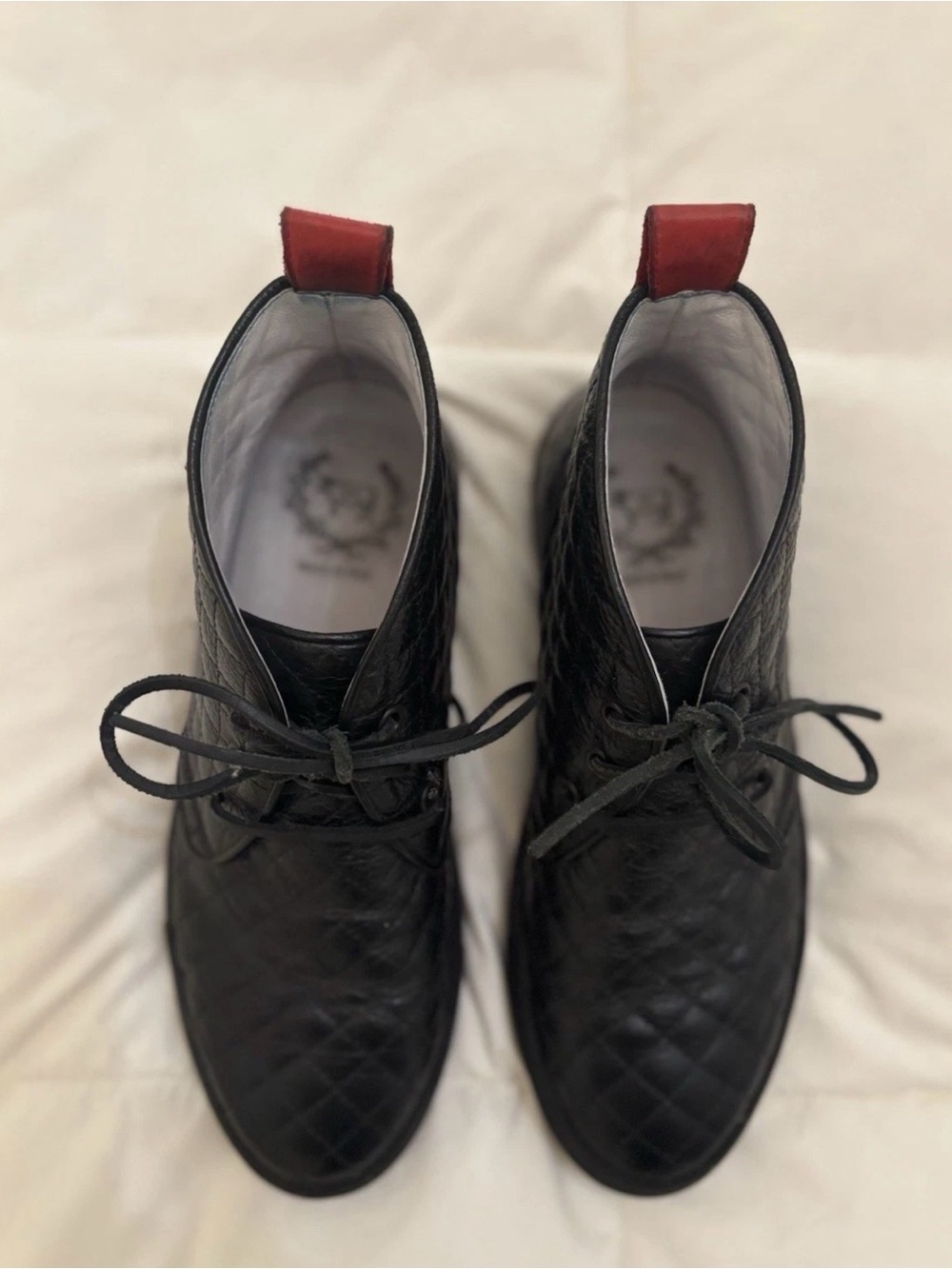 Del Toro Men's Black Quilted Leather Lace-Up Boots with Red Heel Tab Size 9